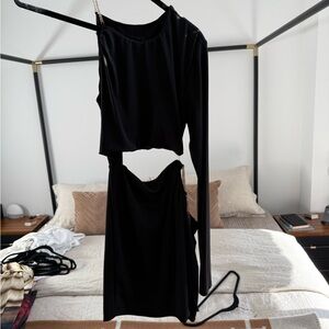 NBD Black One Shoulder Cut Out Bodycon Dress with Chains